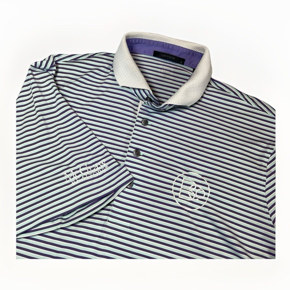 Greyson Polo Shirt Mens Large Purple Green Striped Golf‎ Stretch Performance